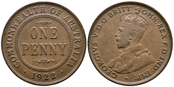 АВСТРАЛИЯ 1 ПЕННИ 1922 ГЕОРГ V KM 23 бронза 4385-313