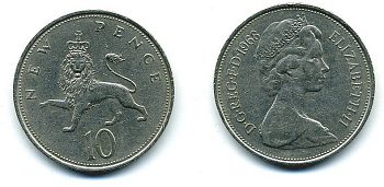 Великобритания 10 пенсов 1968 Елизавета II (1952-2022) KM 912, Spink 4231 (F1) медно-никель  4110-1136
