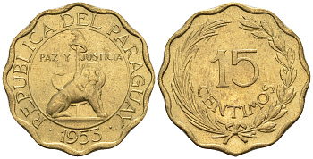 Парагвай 15 сентимо 1953 лев, фригийский колпак на шесте KM 26 алюминиевая бронза  aUNC  4177-652