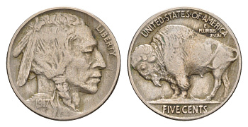 США 5 центов 1917 индеец, бизон KM 134 медно-никель 4658-1027