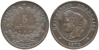 ФРАНЦИЯ 5 САНТИМОВ 1872 А, ТРЕТЬЯ РЕСПУБЛИКА (1871-1940) KM 821.1, LE FRANC 118.5 бронза 34-415