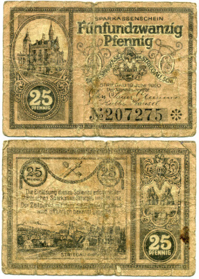 СТРИГАУ (СТШЕГОМ ПОЛЬША) 25 ПФЕННИГОВ 1920 НОТГЕЛЬД, 16 ИЮНЯ 1920, Grabowski S124.5a бумага 7551-28-3-2