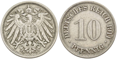 Германия 10 пфеннигов 1911 G KM 12, Jager 13, Weege 8 медно-никель 219-221
