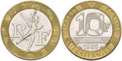 Франция 10 франков 1989 тип гений Бастилии KM 964.1, Le Franc 375.3 биметалл 113-256
