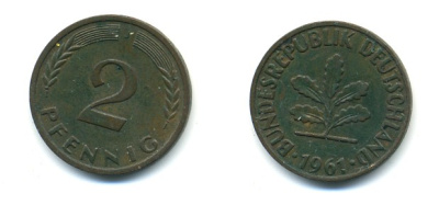 ФРГ 2 ПФЕННИГА 1961 J KM 106, J. 381 бронза 80-761
