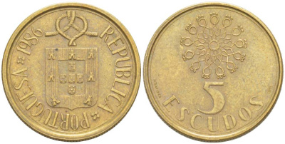 ПОРТУГАЛИЯ 5 ЭСКУДО 1986 KM 632 никель латунь 4523-1042