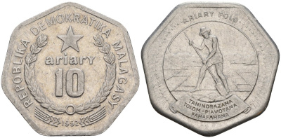 Мадагаскар 10 ариари 1992 KM 18 сталь плакированная никелем 4141-711