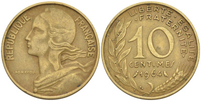 Франция 10 сантимов 1964 тип Marianne KM 929, LE FRANC 144.4 медь алюминий никель 4511-731