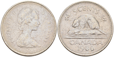 Канада 5 центов 1986 Елизавета II (1952-2022), бобер KM 60.2 a медно-никель 190-455