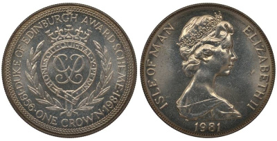 Остров Мэн 1 крона 1981 приз герцога Эдинбургского, вензель KM 74 медно-никель UNC 1088-3-42