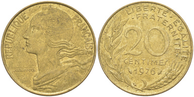 ФРАНЦИЯ 20 САНТИМОВ 1976 ТИП MARIANNE KM 930, Le Franc 156.16 медь алюминий никель 4513-332