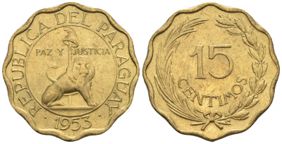 Парагвай 15 сентимо 1953 лев, фригийский колпак на шесте KM 26 алюминиевая бронза  aUNC  4177-652