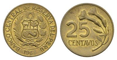 Перу 25 сентаво 1968 KM 246 латунь aUNC 4674-1229