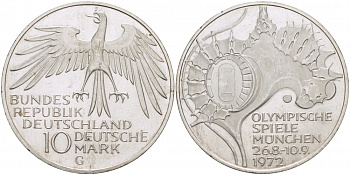 ФРГ 10 МАРОК 1972 G, ОЛИМПИАДА, СТАДИОН KM 133, J.404 серебро UNC 4127-124
