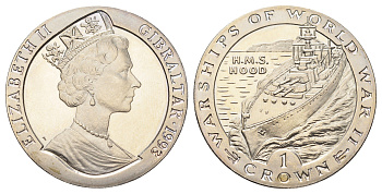 Гибралтар 1 крона 1993 Боевые корабли Второй мировой войны - H.M.S. Hood KM 118 медно-никель BU 11-181-41