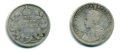КАНАДА 10 ЦЕНТОВ 1913 ГЕОРГ V серебро 46-1066