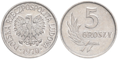 Польша 5 грошей 1970 MW  KM A46, Parchimowicz 204j алюминий UNC 192-166