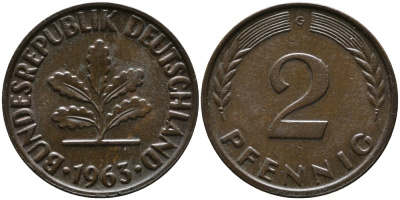 ФРГ 2 пфеннига 1963 G KM 106, J.381 бронза 99-134
