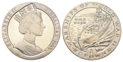 Гибралтар 1 крона 1993 Боевые корабли Второй мировой войны - H.M.S. Hood KM 118 медно-никель BU 1078-2-23