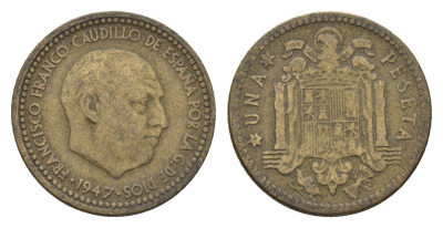 Испания 1 песета 1947 (52) Франсиско Франко (1939-1975) KM 775 алюминиевая бронза 4674-448