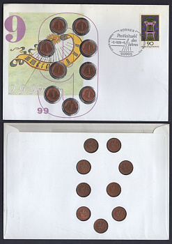 ФРГ набор из 9 монет (1 пфенниг) 1984, 1985, 1986, 1988, 1990 и 1994 в честь миллениума, в красочном конверте с маркой первого дня гашения (КПД - Конверт первого дня Гашения) KM 105 сталь плакированная медью 9-1-01-56