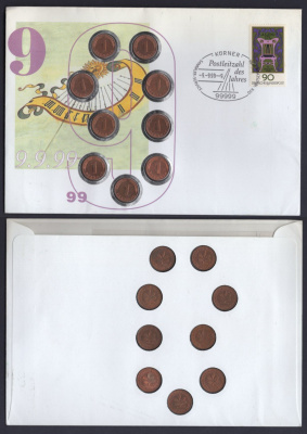 ФРГ набор из 9 монет (1 пфенниг) 1984, 1985, 1986, 1988, 1990 и 1994 в честь миллениума, в красочном конверте с маркой первого дня гашения (КПД - Конверт первого дня Гашения) KM 105 сталь плакированная медью 9-1-01-56