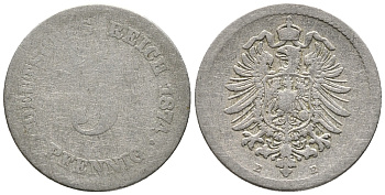 ГЕРМАНИЯ 5 ПФЕННИГОВ 1874 E, СТАРОГЕРБОВКА KM 3, J. 3 медно-никель 39-318