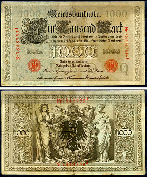 Германия 1000 марок 1910 21 апреля 1910, красная печать, номер семизначный, серия J, буква O, выпуск АПРЕЛЬ - ИЮЛЬ 1918 Pick 44 b бумага 2194-41-1-1