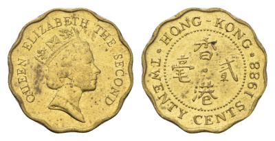 Гонконг 20 центов 1988 KM 59 никель латунь UNC 4625-754