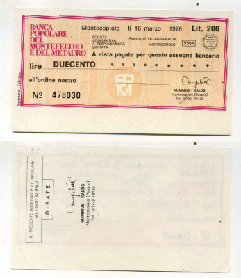 Италия чек на 200 лир 1976 Banca popoLare del Montefeltro e del Metauro, Montecopiolo 16 марта 1976 бумага UNC (пресс) 8588-11-4-1