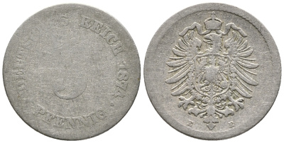 ГЕРМАНИЯ 5 ПФЕННИГОВ 1874 E, СТАРОГЕРБОВКА KM 3, J. 3 медно-никель 39-318