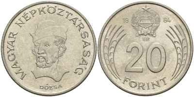 Венгрия 20 форинтов 1984 Дьердь Дожа KM 630 медно-никель 4150-544
