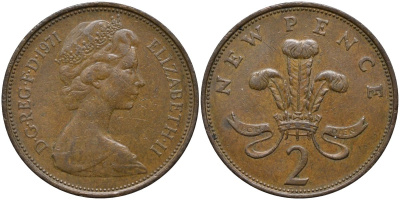 Великобритания 2 пенса 1971 Елизавета II (1952-2022) KM 916, Spink 4235 (C1) бронза 4171-636