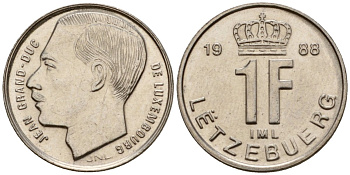 Люксембург 1 франк 1988 KM 63 сталь плакированная никелем 4602-325