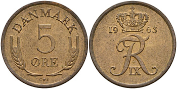 Дания 5 эре 1963 C;S, Фредерик IX (1947-1972) KM 848 бронза 4150-912