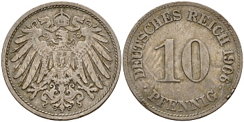 Германия 10 пфеннигов 1906 D J. 13,  KM 12 медно-никель    4603-656
