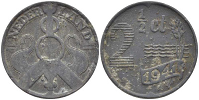 НИДЕРЛАНДЫ 2 1/2 ЦЕНТА 1942 ВИЛЬГЕЛЬМИНА (1890-1948) KM 171 цинк 66-136