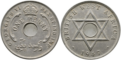 Британская Западная Африка 1 пенни 1947 Георг VI (1937-1952) KM 19 медно-никель 1523-232