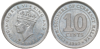 Британская Малайя 10 центов 1943 Георг VI (1937-1952) KM 4a серебро 53-252