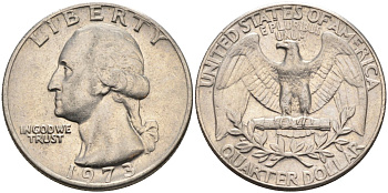 США 25 центов (квотер) 1973 D, Вашингтон KM 164a медь плакированная медно-никелем 4584-1022