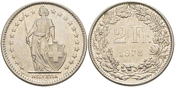 ШВЕЙЦАРИЯ 2 ФРАНКА 1978 KM 21а.1 медно-никель 4542-516