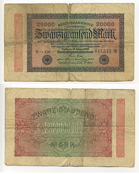 ГЕРМАНИЯ 20000 МАРОК 1923 20 ФЕВРАЛЯ 1923, ВОДЯНОЙ ЗНАК G Pick 85c бумага 7203-82-3