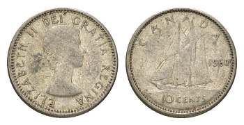 Канада 10 центов 1960 Елизавета II (1952-2022), парусник KM 51 серебро 4623-925