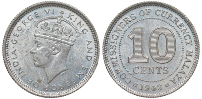 Британская Малайя 10 центов 1943 Георг VI (1937-1952) KM 4a серебро 53-252