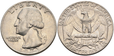 США 25 центов (квотер) 1973 D, Вашингтон KM 164a медь плакированная медно-никелем 4584-1022