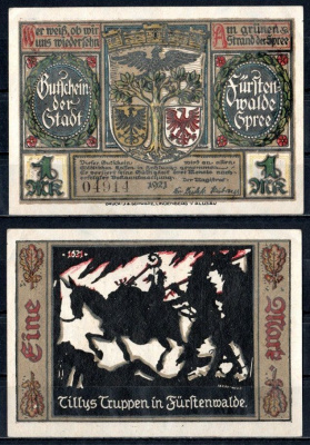 Фюрстенвальде (Пруссия, Бранденбург) 1 марка 1921 Mehl Grabowski 403.1a-15/15 бумага UNC (пресс) 7555-53-1-2