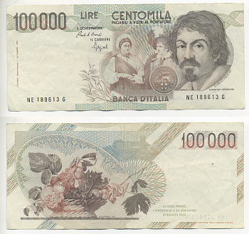 Италия 100000 лир 1983 Караваджо, фруктовый букет, подпись Speziali Pick 110b бумага 7220-17-2