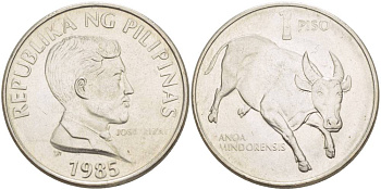 ФИЛИППИНЫ 1 ПИСО 1985 УЧЁНЫЙ ПИСАТЕЛЬ И ПОЭТ ХОСЕ РИСАЛЬ, БУЙВОЛ ТАМАРАУ KM 243.1 медно-никель 4542-842