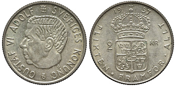 Швеция 2 кроны 1957 TS, Густав VI Адольф (1950-1973) KM 827 серебро 221-611