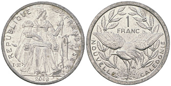 Французская Новая Каледония 1 франк 2008 птица кагу, (IEOM) KM 10, Schoen 10 алюминий 55-641